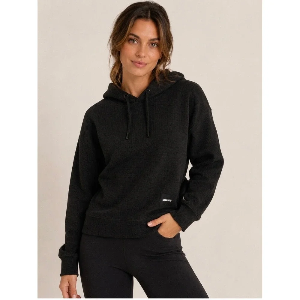 DKNY Tech Waffle Hoodie Black Long Sleeve Thermal Pullover Womens XS Casual - Picture 4 of 9
